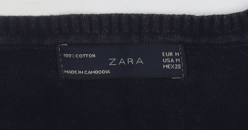 Zara Women Blue Argyle V-Neck Pullover Jumper