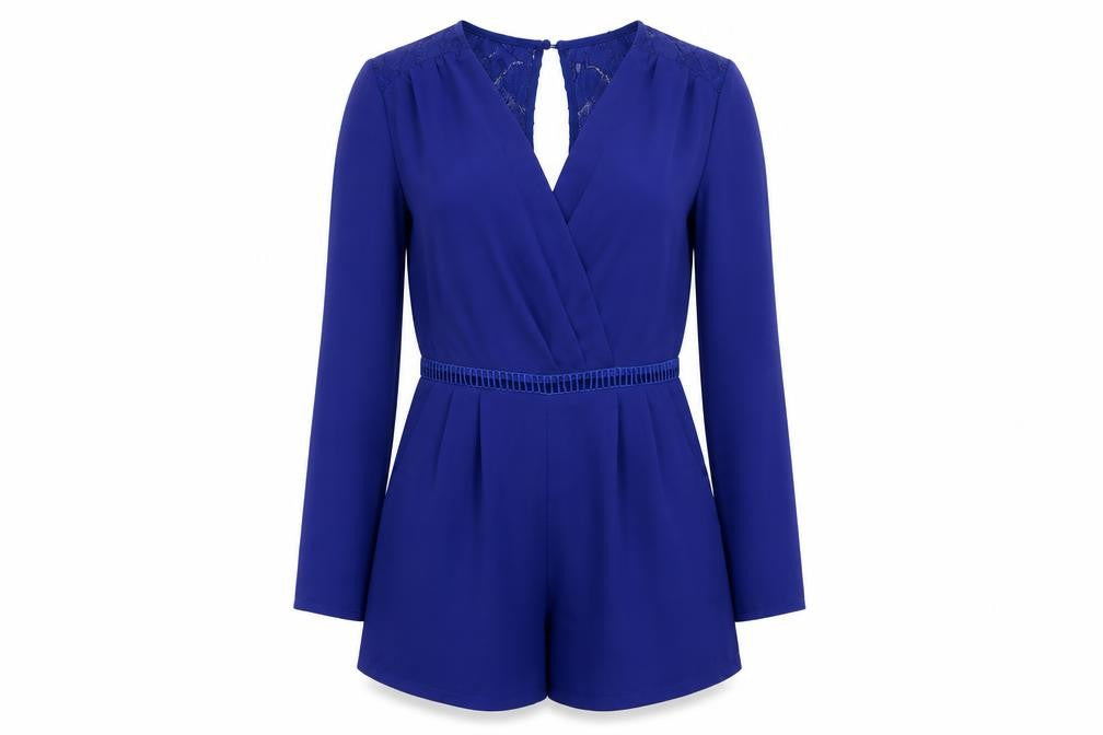 Front view of Loving Things Women's Blue Lace Playsuit, size 10