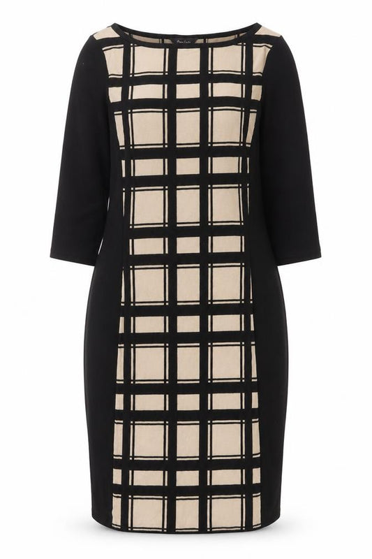 Front view of Phase Eight Women's Black Beige Check Shift Dress, size 12