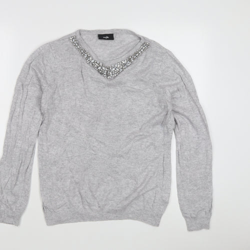 Wallis Women's Grey Jewel V-Neck Pullover Jumper M