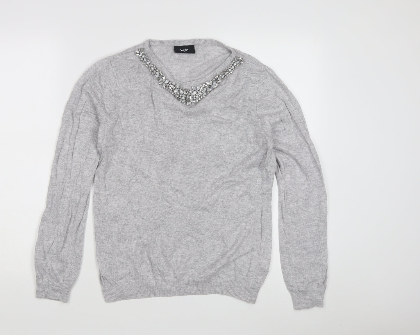Wallis Women's Grey Jewel V-Neck Pullover Jumper M