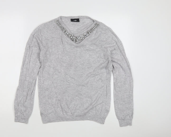 Wallis Women's Grey Jewel V-Neck Pullover Jumper M
