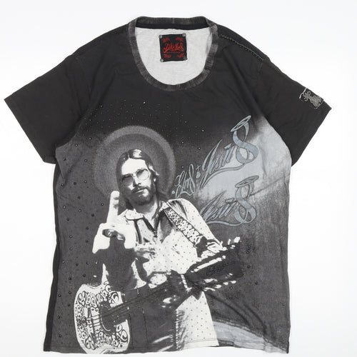 Elvis & Jesus Men's Black Music Graphic T-Shirt, L, Studded Accents