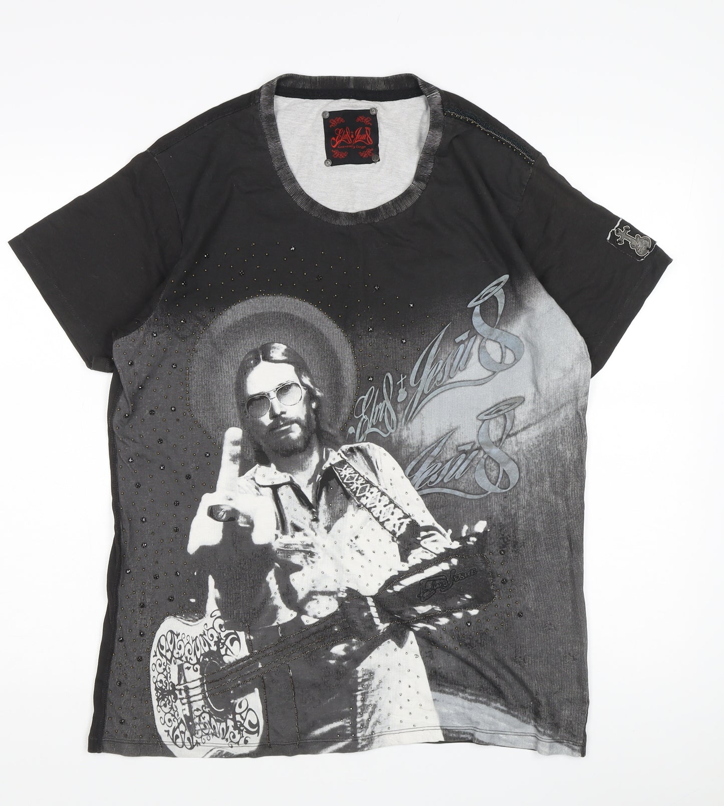 Elvis & Jesus Men's Black Music Graphic T-Shirt, L, Studded Accents
