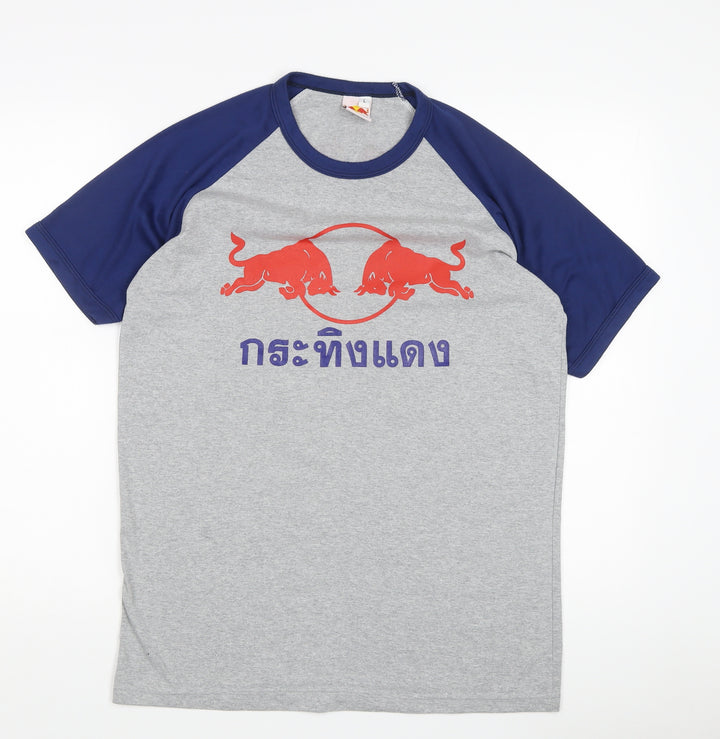 Stylish Grey and Blue Graphic Print Men's Tee - L