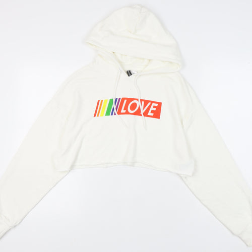 H&M Women’s White Hooded Love Logo Crop Hoodie M