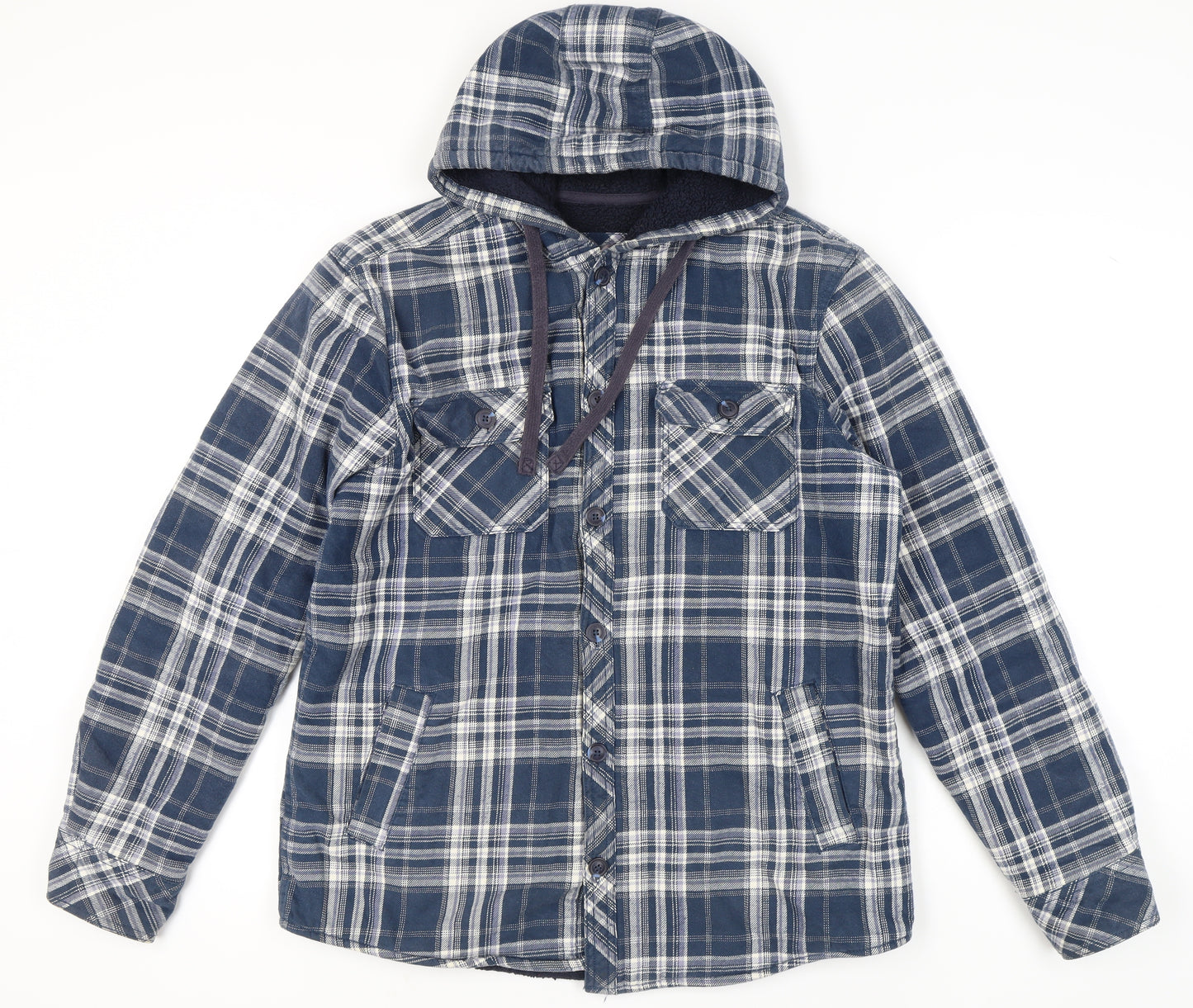 F&F Men's Blue Plaid Hooded Jacket, Size M