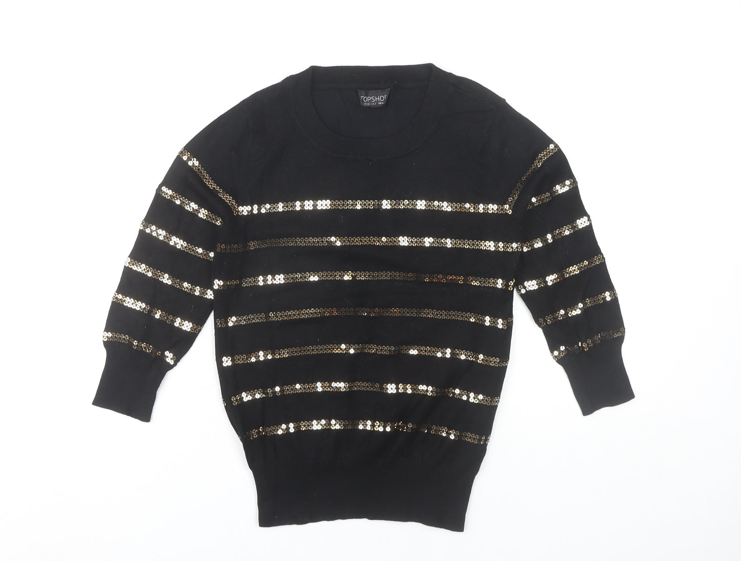 Topshop Women's Black Sequin Striped Pullover Jumper Size 6