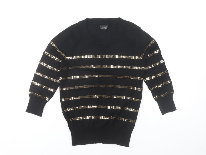 Topshop Women's Black Sequin Striped Pullover Jumper Size 6