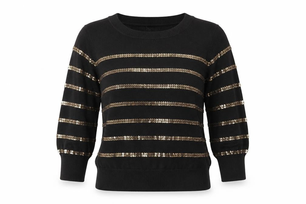 Front view of Topshop Women's Black Sequin Striped jumper, size 6