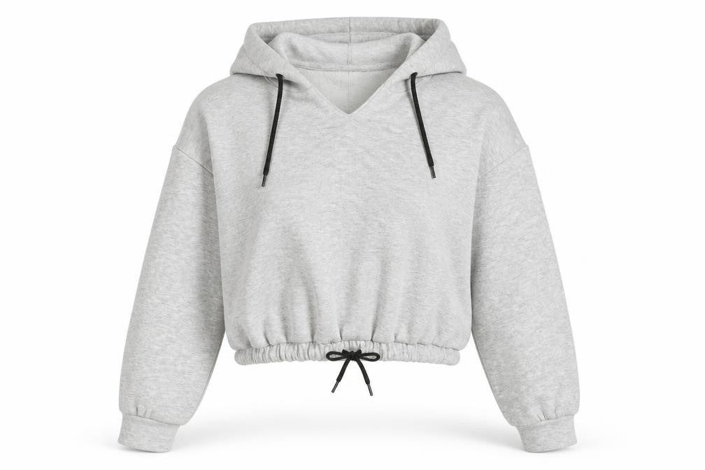 Front view of PRETTYLITTLETHING Women's Grey V-Neck Pullover Hoodie