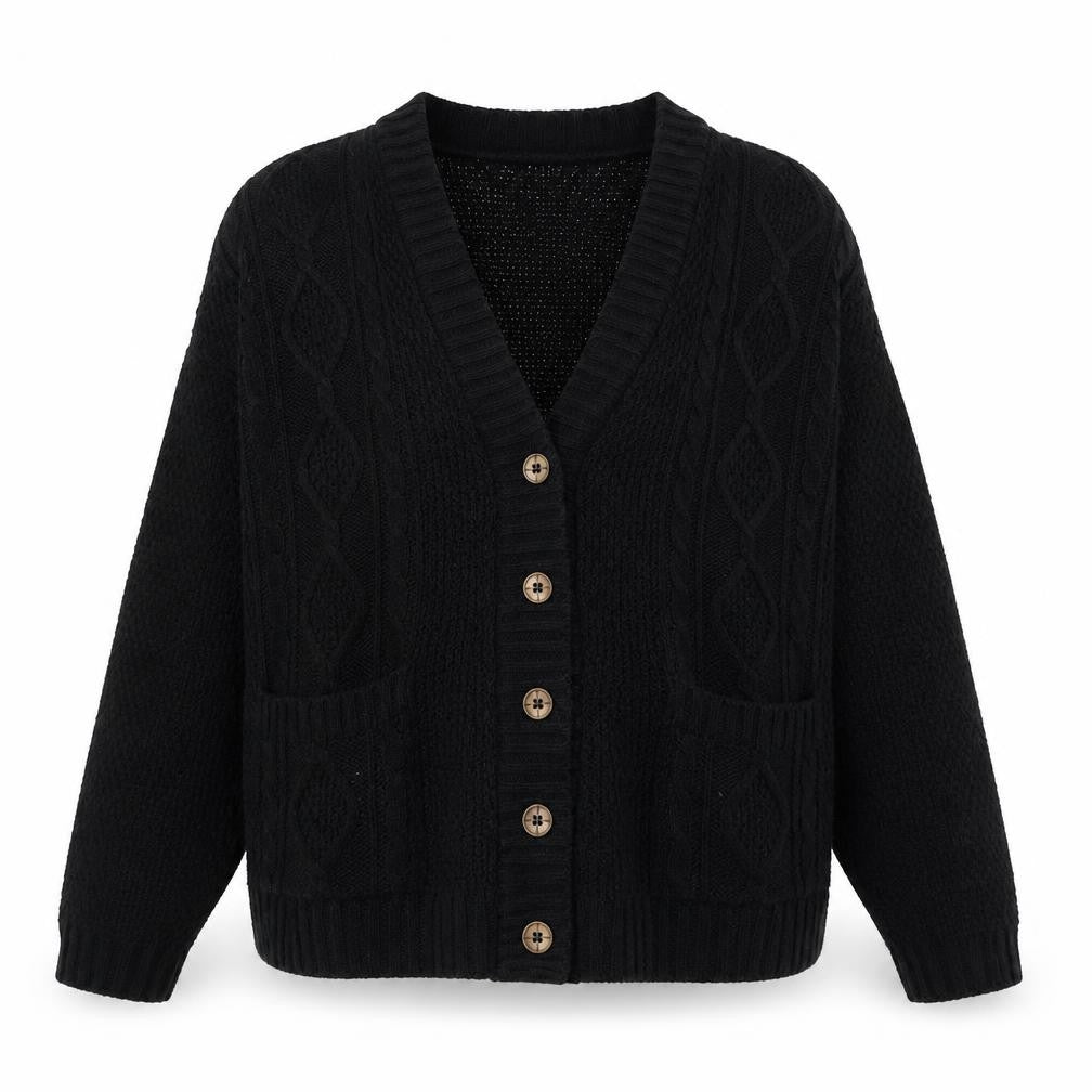 Front view of Boohoo Women's Black Cable-Knit Cardigan, size S