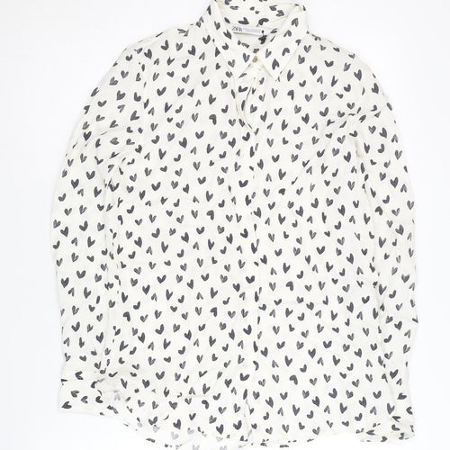 Zara Women's White Hearts Print Button-Up XS