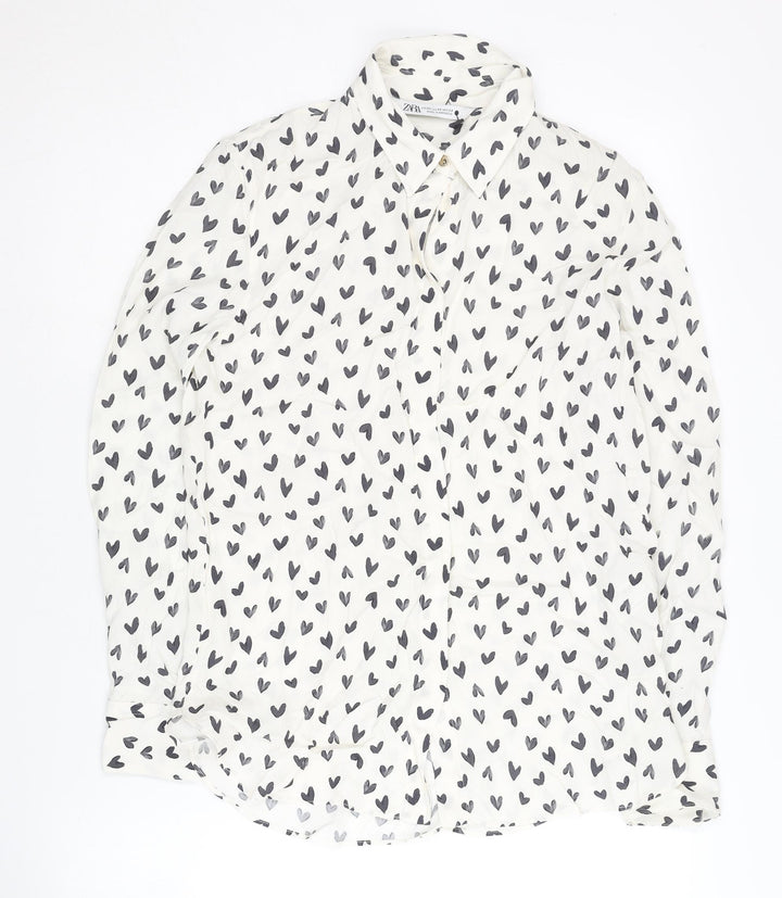 Zara Women's White Hearts Print Button-Up XS