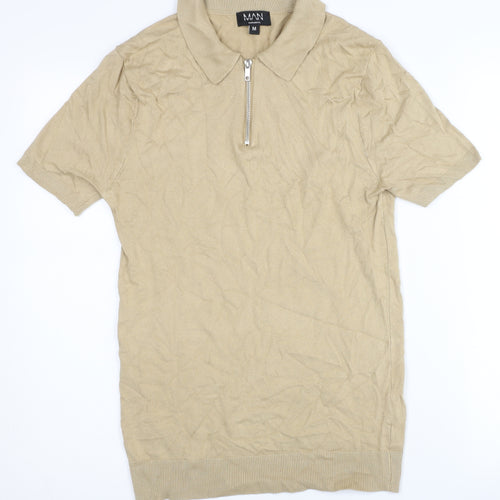 boohooMAN Men's Beige Full Zip Polo Jumper - Size M
