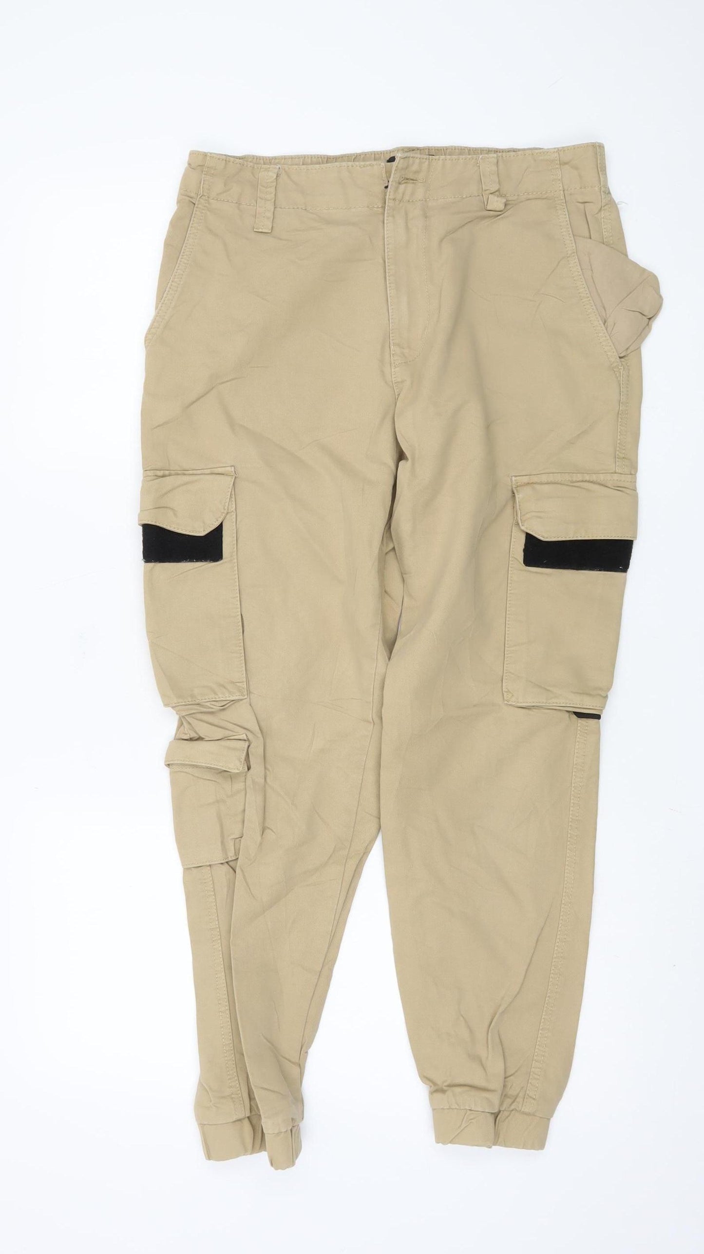 Bershka Men's Beige Cargo Trousers, Size M
