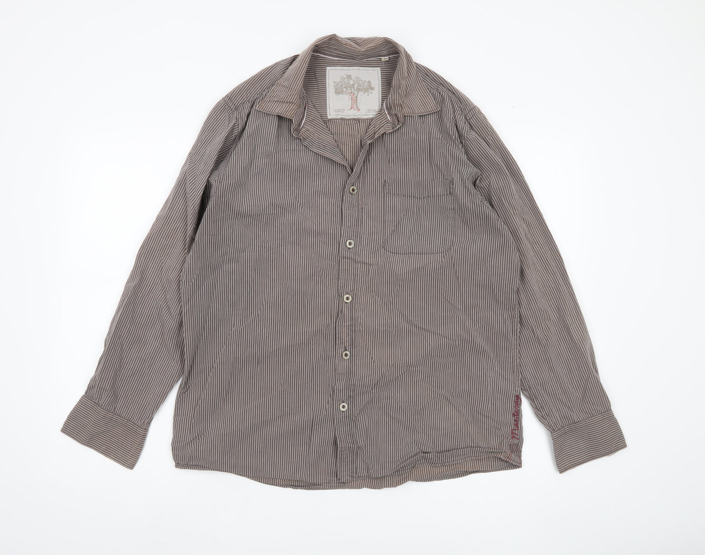 Men's Brown Striped Button-Up Shirt Medium