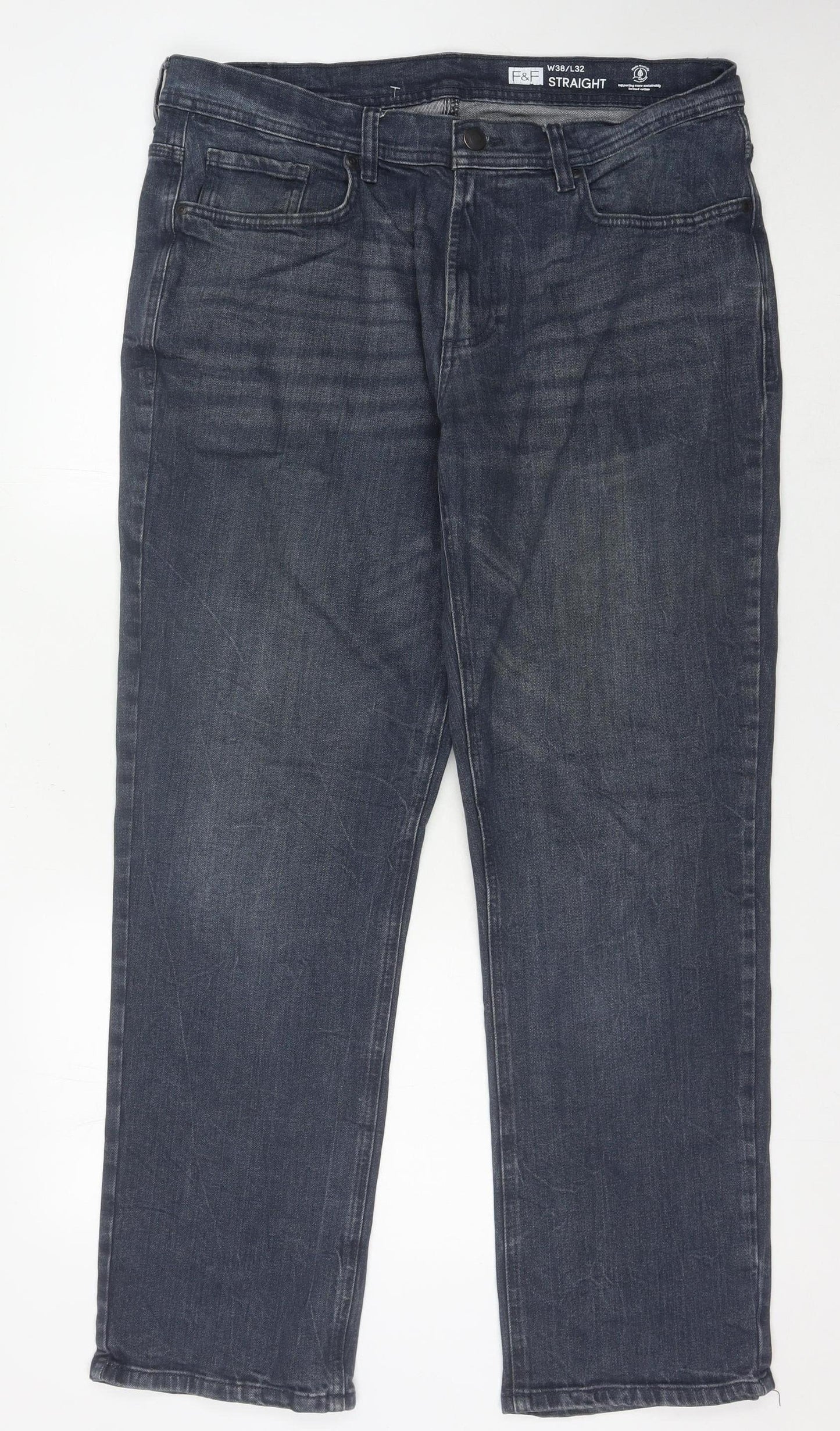 F&F Men's Straight Blue Jeans 38W 32L Regular Fit