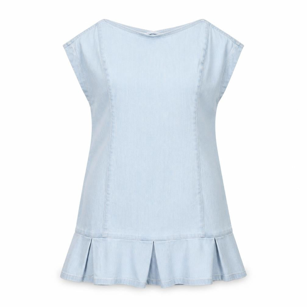 Front view of AsYou Women's Blue Short Denim Sheath Dress, size 12