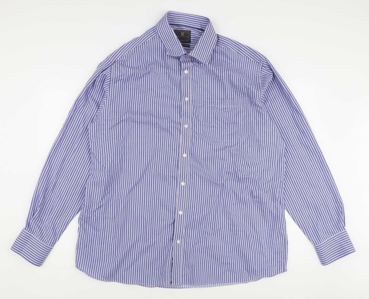 Marks and Spencer Men's Blue Striped Regular Fit Shirt 17.5