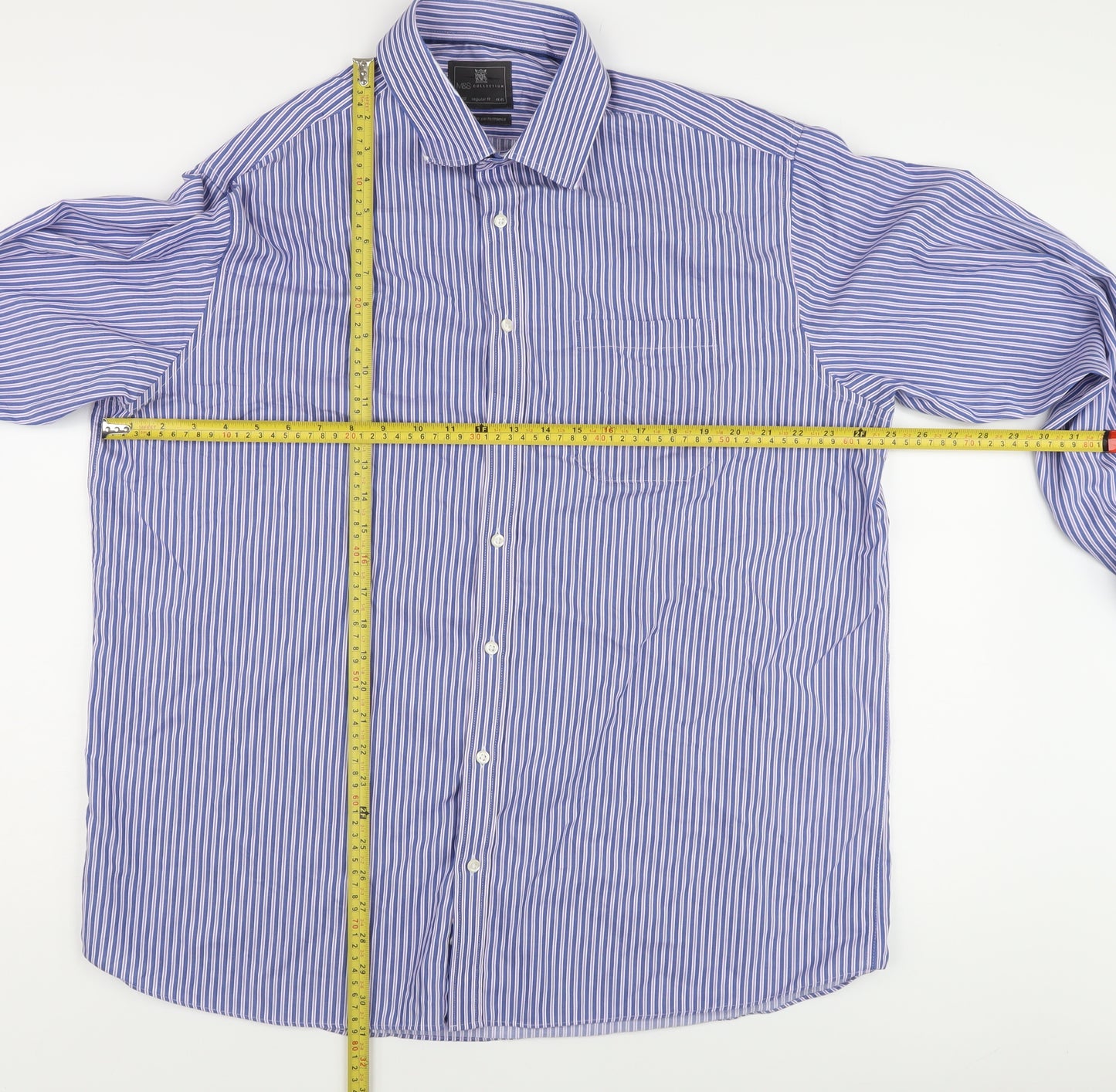 Marks and Spencer Men's Blue Striped Regular Fit Shirt 17.5