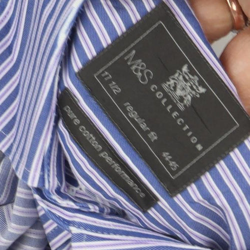 Marks and Spencer Men's Blue Striped Regular Fit Shirt 17.5