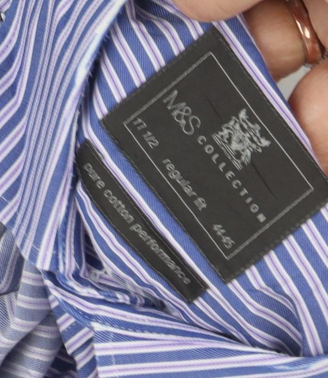 Marks and Spencer Men's Blue Striped Regular Fit Shirt 17.5