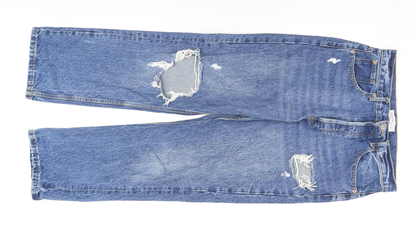Primark Women's Blue Distressed Straight Jeans - Size 12