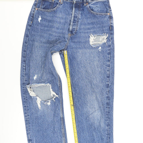Primark Women's Blue Distressed Straight Jeans - Size 12