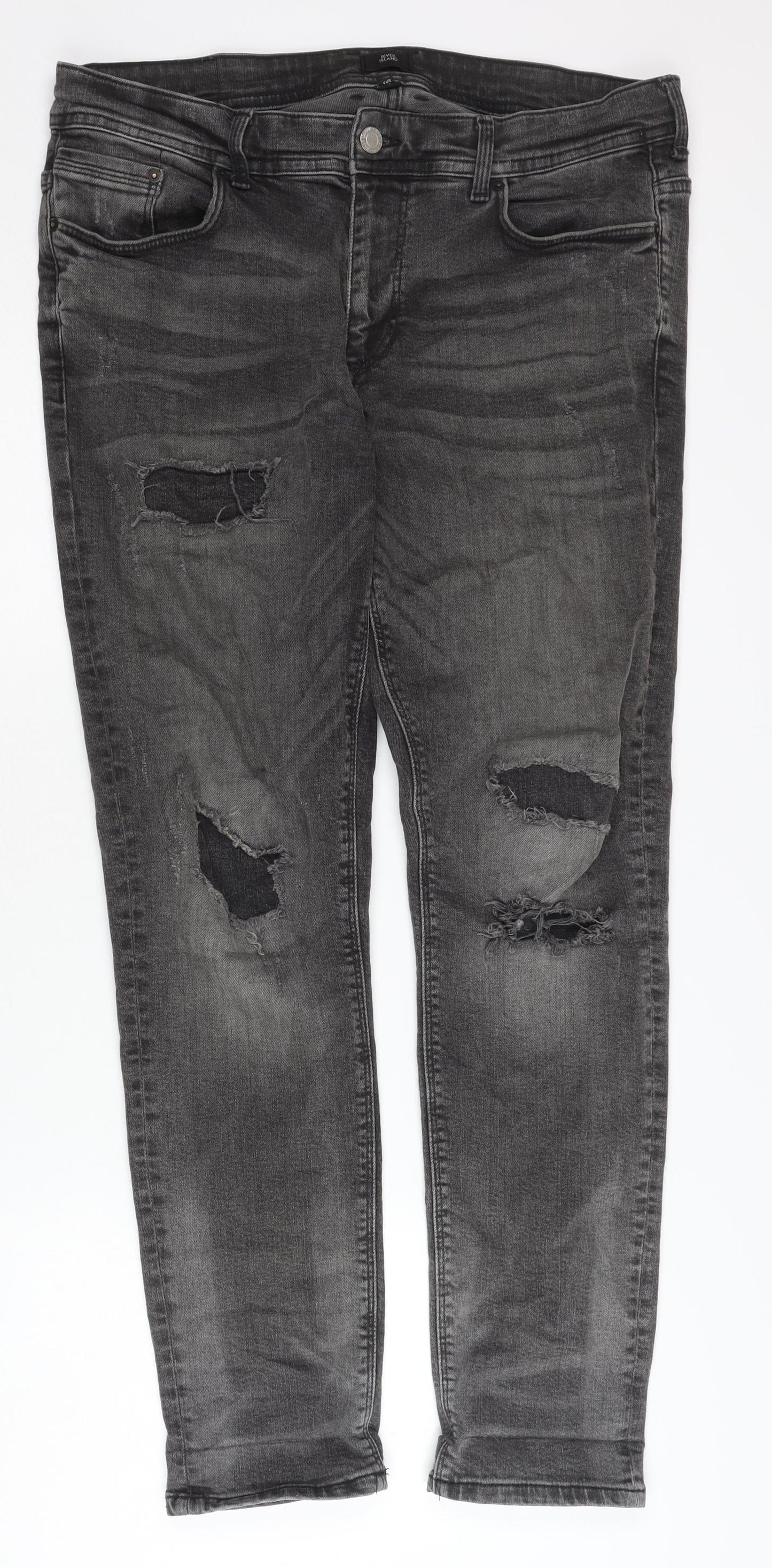 River Island Men's Black Distressed Skinny Jeans, Size 34