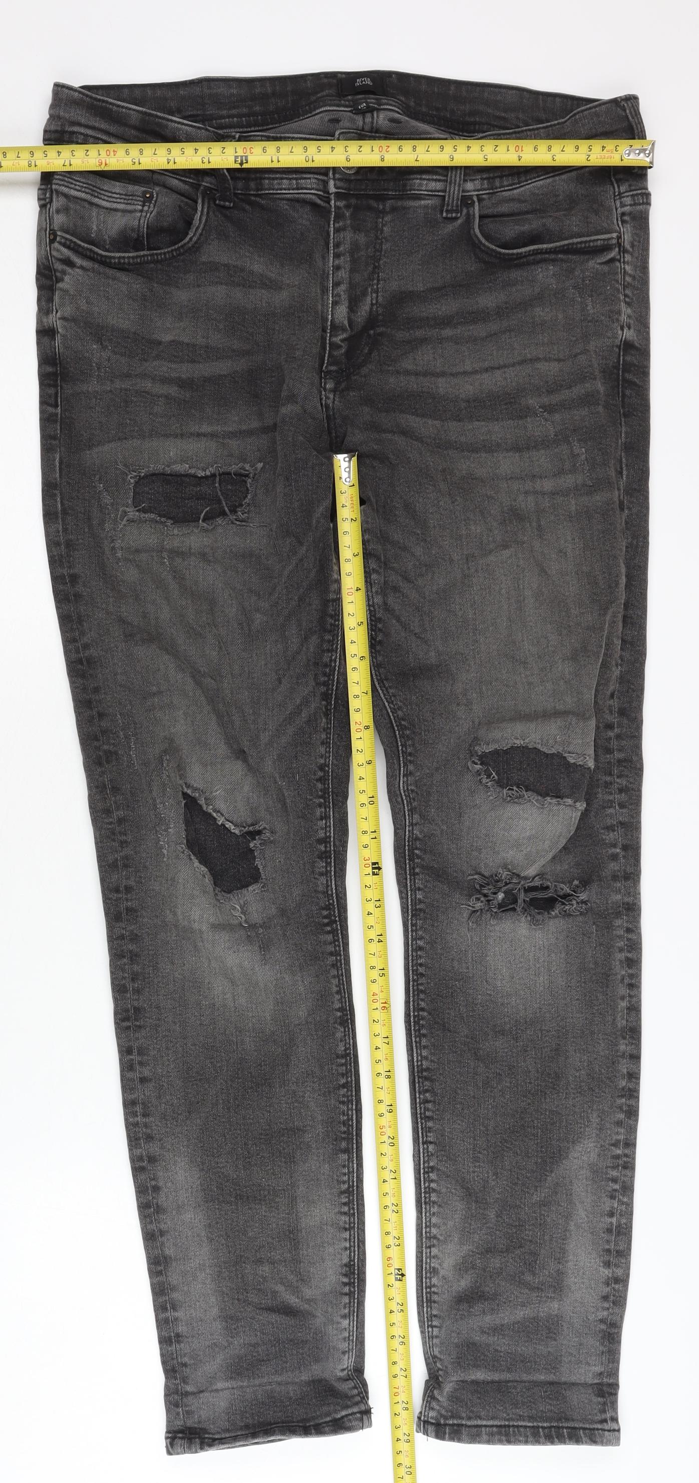 River Island Men's Black Distressed Skinny Jeans, Size 34