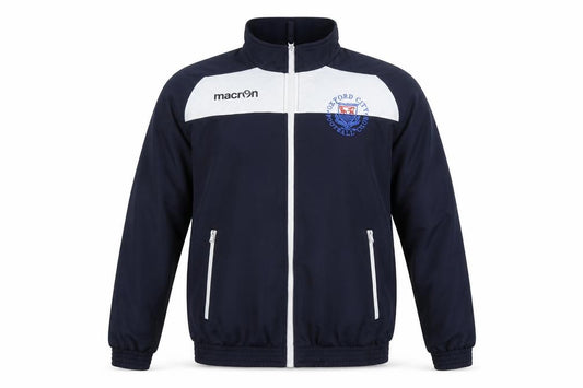 Front view of Macron Men's Blue Track Jacket, size L, Football Style