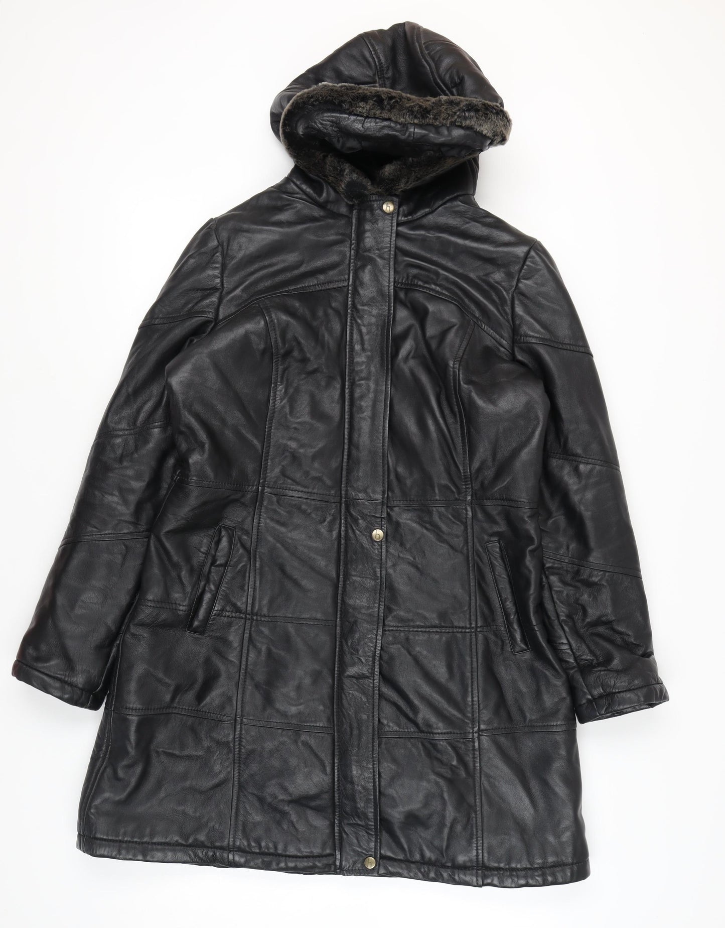 hElium Women's Black Leather Hooded Overcoat Size 18