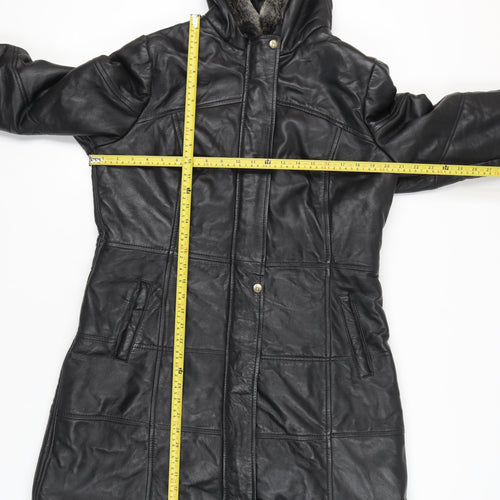 hElium Women's Black Leather Hooded Overcoat Size 18