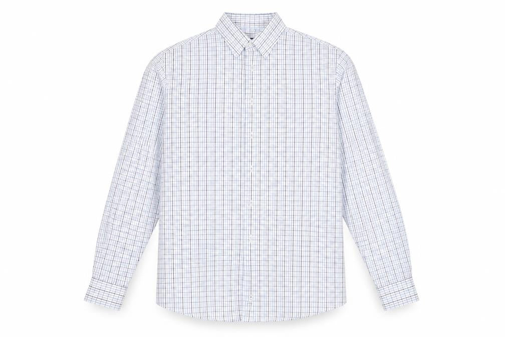 Front view of DoubleTWO men’s blue check button-up shirt, size 16