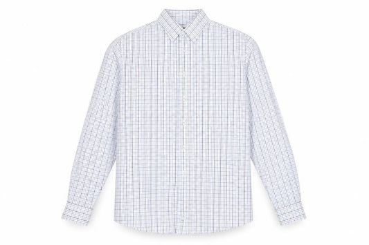 Front view of DoubleTWO men’s blue check button-up shirt, size 16