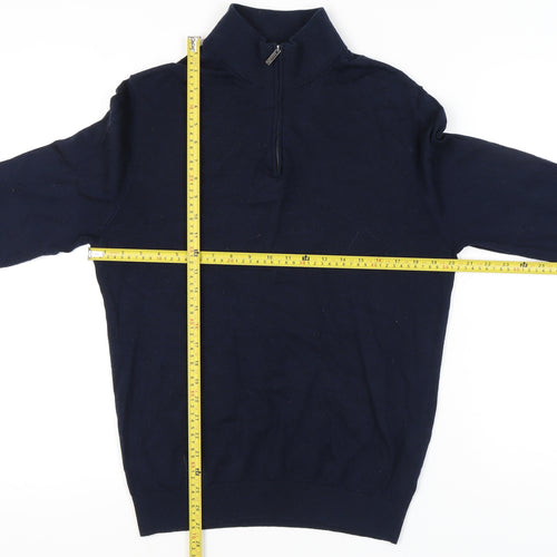 Massimo Dutti Men's Blue Wool Full Zip Jumper L