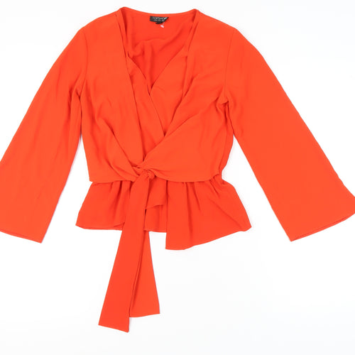Topshop Women's Orange Wrap Blouse, Size 6, V-Neck, Bell Sleeve