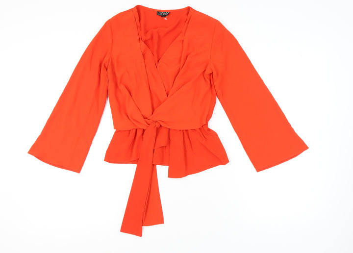 Topshop Women's Orange Wrap Blouse, Size 6, V-Neck, Bell Sleeve