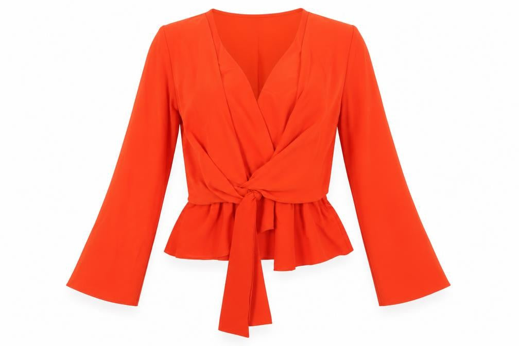 Front view of Topshop Women's Orange Wrap Blouse, size 6, V-Neck, Bell Sleeve