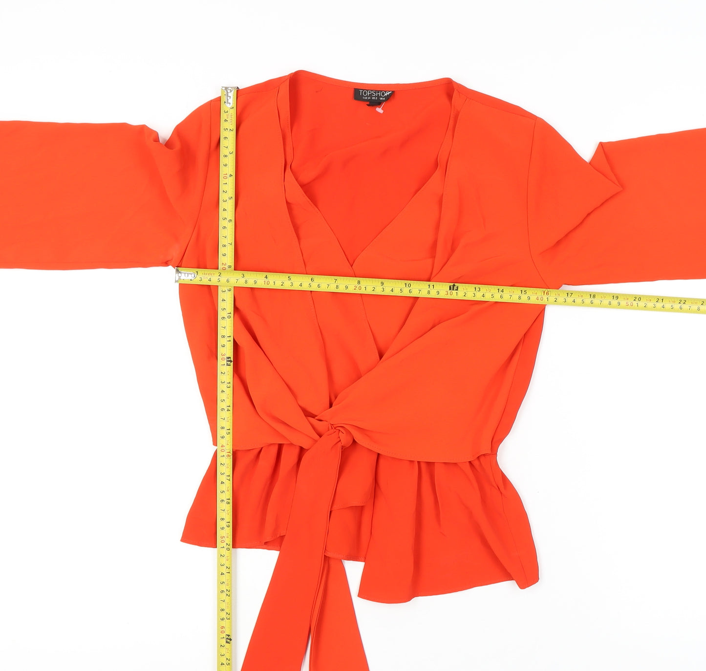 Topshop Women's Orange Wrap Blouse, Size 6, V-Neck, Bell Sleeve