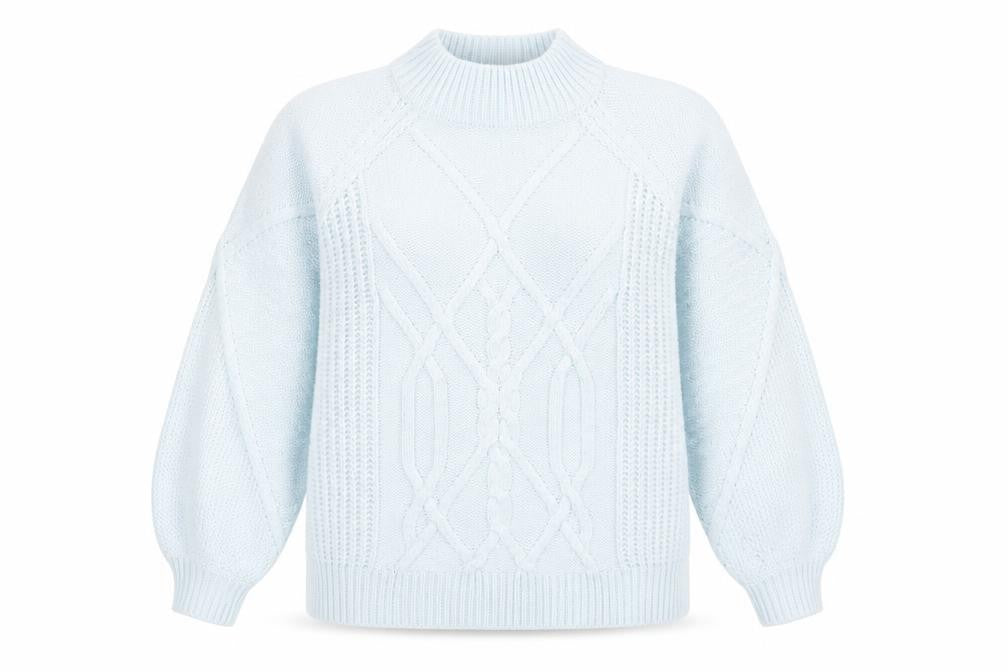 Front view of Dorothy Perkins women’s blue cable-knit pullover