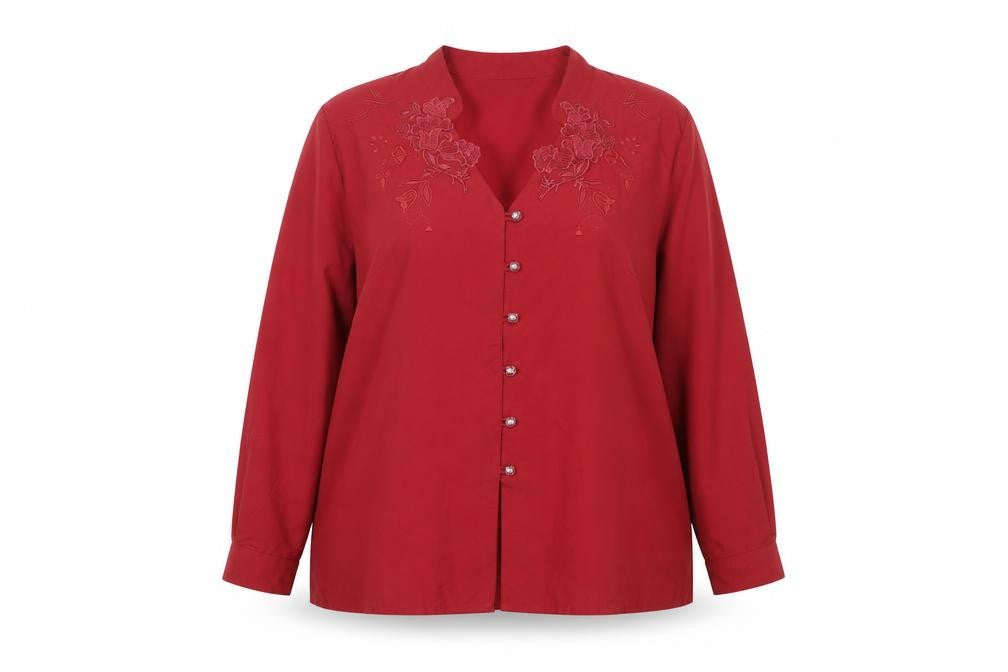 Front view of The Pearl Collection Women's Red Embroidered Blouse UK 20