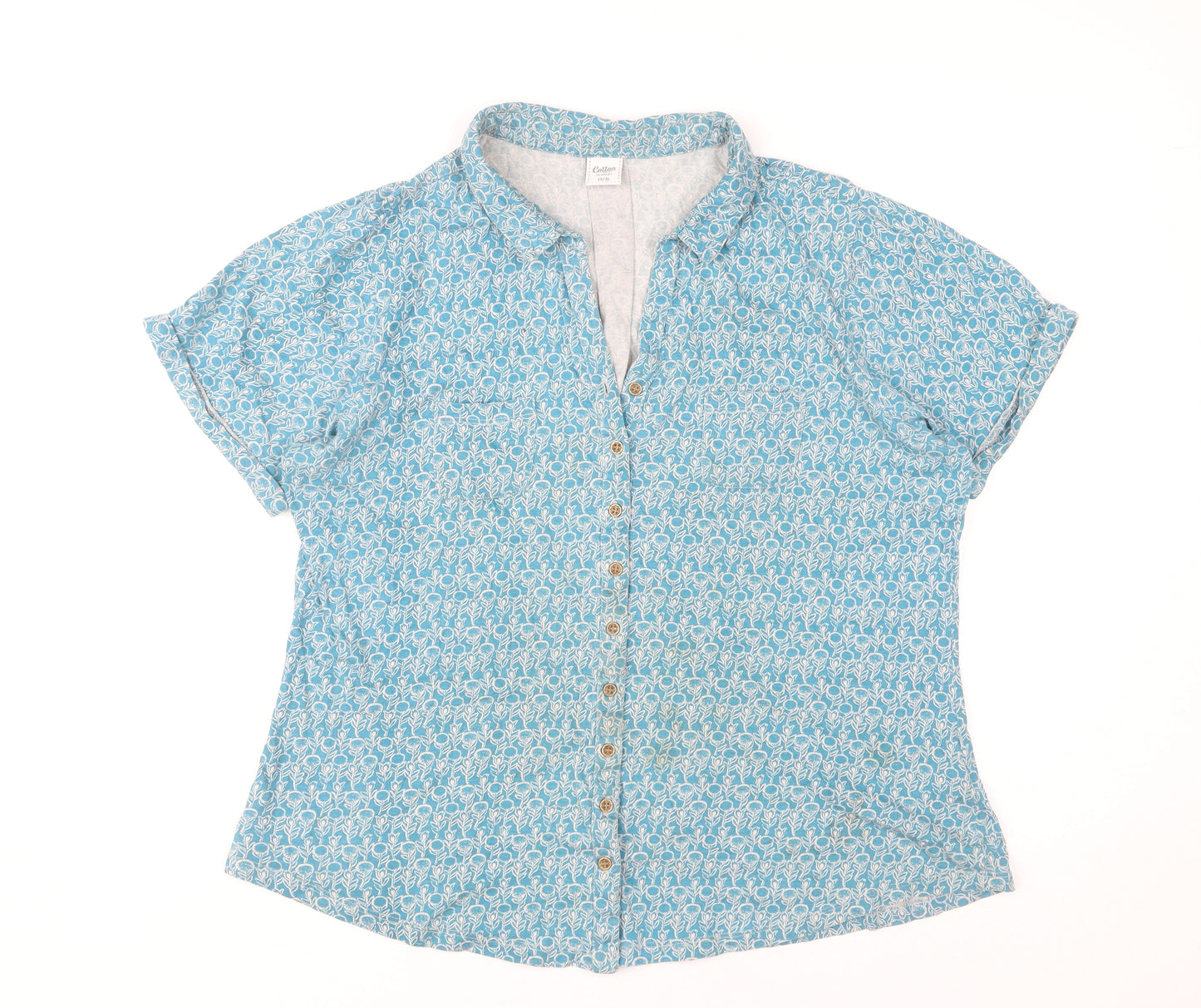 Cotton Traders Women's Blue Floral Button-Up Shirt 14