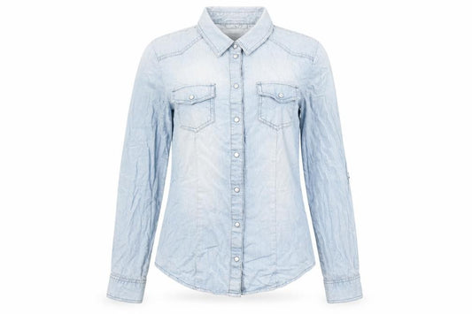 Front view of Only Women's Blue Button-Up Shirt, size 8, Regular Fit