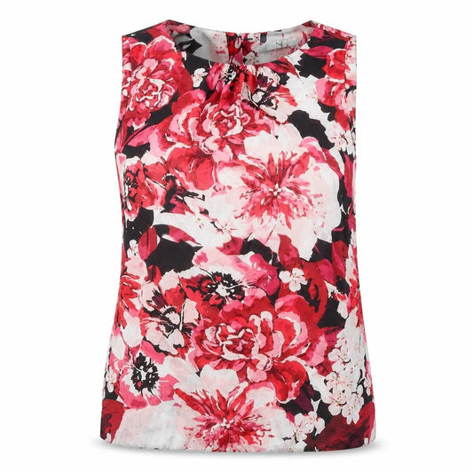 Front view of BHS Women's Red Floral Blouse, size 14, Sleeveless