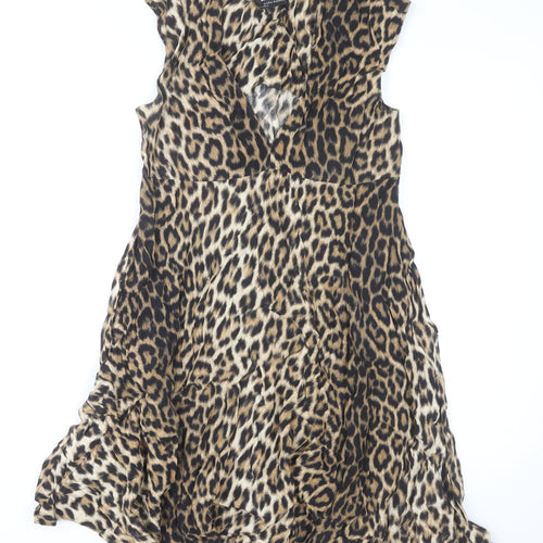 Zara Woman Leopard Print Sleeveless V-Neck Dress Multicoloured XS