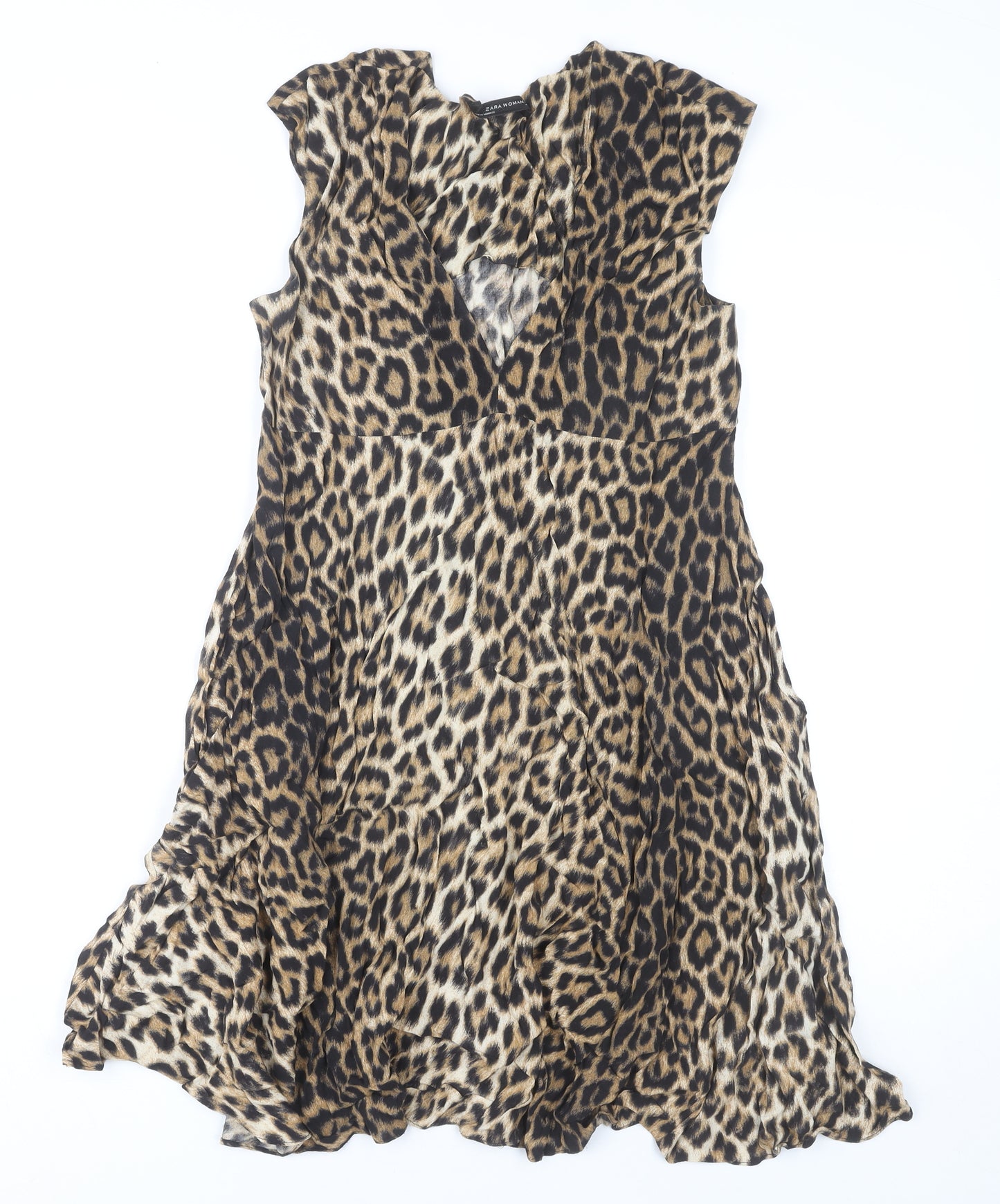 Zara Woman Leopard Print Sleeveless V-Neck Dress Multicoloured XS