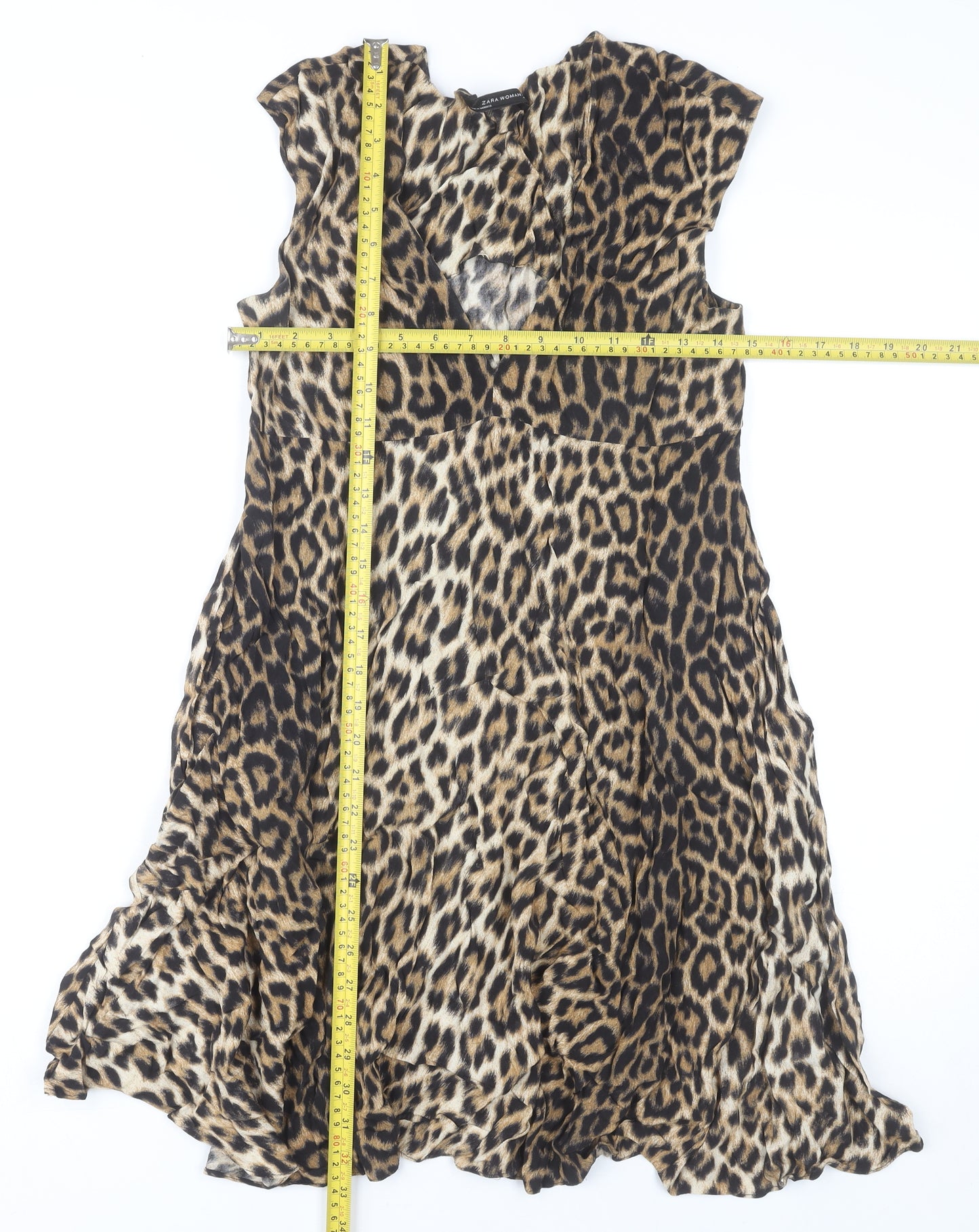 Zara Woman Leopard Print Sleeveless V-Neck Dress Multicoloured XS