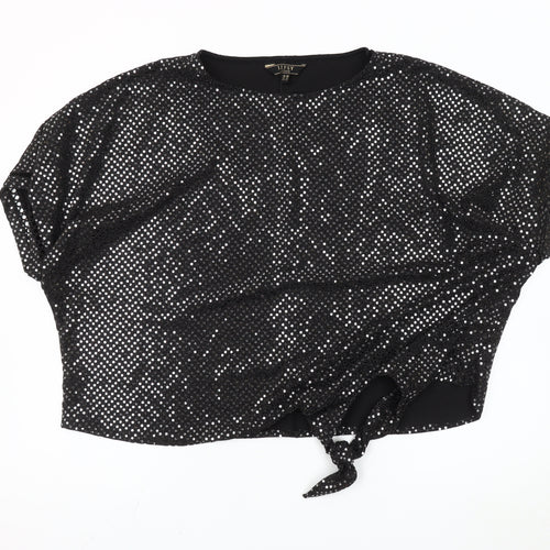 Lipsy Women’s Black Sequin Cropped Tie-Front T-Shirt Size 20 Party